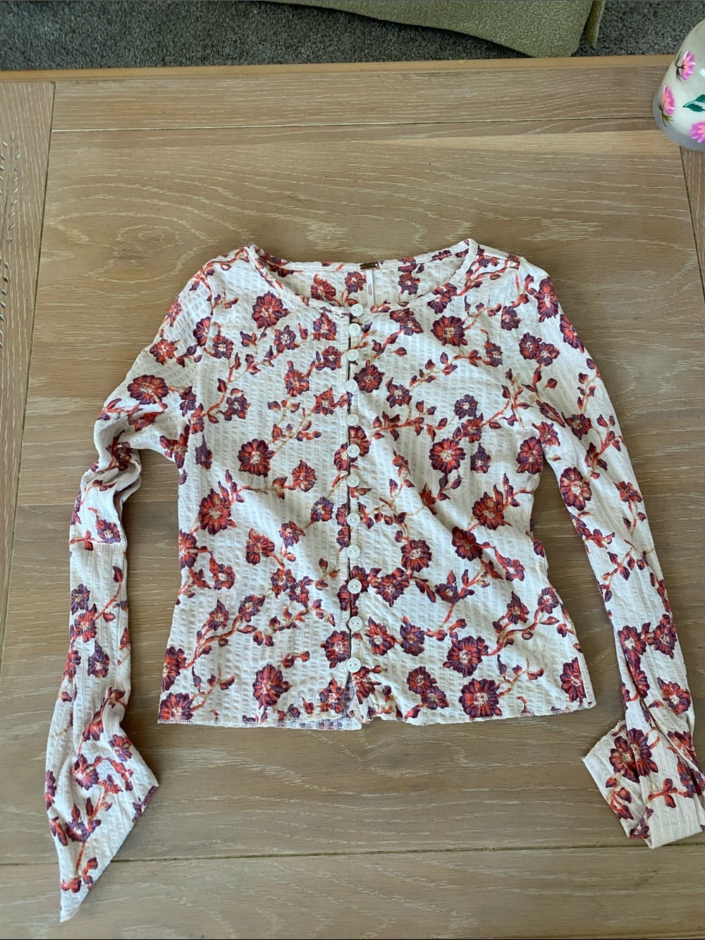 Free People Floral Button-Front Long Sleeve Top in Cream and Red 100% Cotton
